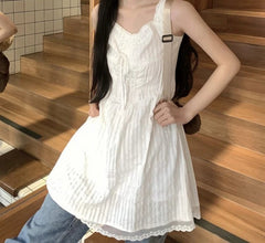 Hnewly White Dress Women Sleeveless Summer Holiday Mini Sweet Lace Flattering Waist A-line Vestidos Elegant Simple Korean Style Folds