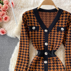 Hnewly V-neck Sweater Dress Autumn New Versatile Slim Knitted Dresses Elegant Single Breasted High Waisted A-line Gown