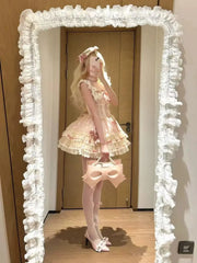 Hnewly Original New Spring Summer Sleeveless Pink Suspenders Dress Cute Bow Elegant Lace Splicing Adult Birthday Party Fluffy Dress