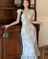 Hnewly Dresses Women Temperament Floral Printed Ruffles Patchwork Bandage V Neck Elegant Summer Fashion Female Dress Casual