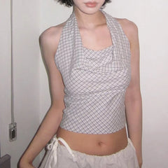 Hnewly Summer Retro Plaid Print Halter Tank Top y2k Aesthetic Sleeveless Lace-up Backless Cropped Tops Women Vintage 2000s Vest