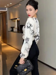 Hnewly Women's Blouse Sexy Asymmetrical Cool Floral Beautiful Top Ruffle Chiffon Trends Satin Shirt Woman Youth Casual