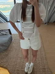 Hnewly Chic Pullover Women's Shirts Short Puff Sleeve O-Neck Buttons Solid Blouse Summer Autumn Fashion Female All-Match Top