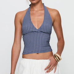 Hnewly y2k Tank Top Women's Summer Clothing Plaid Print Sleeveless Open Back Halter Neck Vest 2000s T Shirt Party Clothes