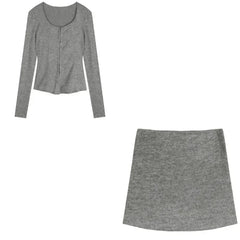 Hnewly 2025 spring fashion trend Autumn New Grey Casual Knitted Suits Sexy 2 Piece Skirt Set Woman Elegant Y2k Crop Tops + High Waist Slim Mini Skirt Korean