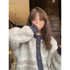 Hnewly WINTER OUTFITS Korean Style Vintage Knitted Cardigans Women Sweet Preppy Style Sweaters Elegant Long Sleeve Retro Patchwork Cardigan