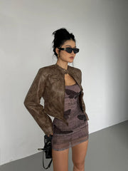 Hnewly Stand Collar Jacket Leather Short Coat Women Autumn New Straight Tube Slim Short Motorcycle Jacket Korean Sweet