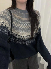 Hnewly Streetwear Vintage Jacquard Pullovers Harajuku Women Knitted Patchwork Casual Sweaters Y2k Aesthetic Loose Grunge Jumpers