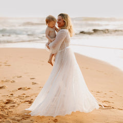 Hnewly Sexy Transparent Pearl Robe Boho Bride Maternity Robe Wedding Robe Overdress Boudoir Robe Soft Tulle Pearl Wedding Bridal