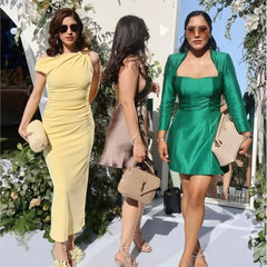 Hnewly Slim Fit Slit Asymmetric Long Dress Fashion Slanted Shoulder Party Dress 2025 New Elegant Chic Yellow Tight Vestidos