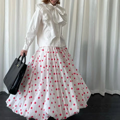 Hnewly Vintage Sweet Long Skirt Women Elegant Red Polka Dot Maxi Skirts Japanese Style Harajuku High Waist Loose Ruffle Skirts