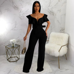 Hnewly Sexy Women Solid Color V Neck Flounce Girdling One-piece Long Sleeve Elegant Wide-Leg Jumpsuits Party Overalls