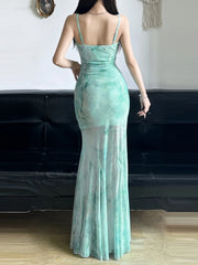 Hnewly DRESS TO IMPRESS Y2K Mesh Printed Long Evening Dress Fashion Backless Fishtail Dresses One-piece Pretty Elegant Party Gown New in Dress