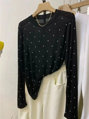 Hnewly O-neck Polka Dot Long Sleeved T-shirt Spring/Summer New Women's Loose Versatile Bottoming Shirt Korean Commuter Cotton Top