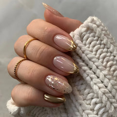 Hnewly 24Pcs Golden French Fake Nail with Almond Head Design Simple Oval False Nails Wearable Press on Nails Full Cover Nail Tips