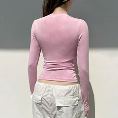 Hnewly Solid Basic Skinny T-shirt Casual Slim-fitting Crewneck Cropped Top Women Full Sleeve Cute Coquette Pink Tee y2k Vintage