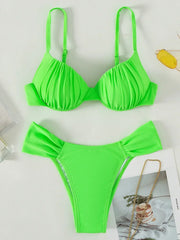 Hnewly Neon Green Wrinkled Underwired Bra Cup Bikini Female Swimsuit Women Swimwear Two-pieces Bikini set Bather Bathing Suit Swim Lady