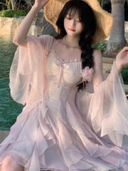 Hnewly Women Trendy Two Ruffle Asymmetrical Fairy Sweet Dresses Sexy V Neck Spaghetti Strap Chic Party Dress Korean Sweet Summer New