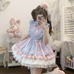 Hnewly Japanese Sweet Lolita Jsk Dress Women Kawaii Bow Mesh Ruffles Tea Party Dresses Harajuku Cute Pink Blue Princess Mini Cake Dress