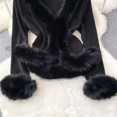 Hnewly going out outfits winter Autumn Winter V-neck Fluffy Patchwork Jackets Y2k Grunge Slim Fit Tops Mujer Vintage Fashion Long Sleeve Cardigan Coat Women