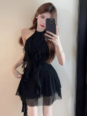 Hnewly Fashion Halter Ribbon Backless Black Dress Women Korean Sexy Off Shoulder Slim Fit Irregular Ruffles Party Club Dresses