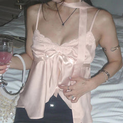 Hnewly Kawaii Bandage Lace Pink Camisole Women Sexy Sweet Patchwork Satin Crop Tops with Slit Summer y2k Vintage Tank Tops Cute