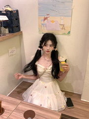 Hnewly Japanese Y2k Kawaii Mini Dress Women Casual Lace Patchwork Bow Print Sleeveless Strap Dress Summer Evening Party Fashion Chic