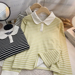 Hnewly Classic Black White Striped Sweatshirts Casual Loose Turn-down Collar Women's Spring 2025 New Korean Long Sleeve T-shirt Top