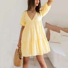 Hnewly Solid Color V Neck Loose Dress for Women Summer Beach Vacation A Line Dresses Woman Puff Sleeve Pregnants Maternity Dresses