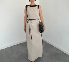 Hnewly Sleeveless Contrast - Detailed Maxi Dress for Women, Tie - Waist Long Dress with Belt, Ideal for Party