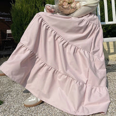 Hnewly Korean Style Elastic High Waist White Skirt for Women Summer Loose Pleated Long Skirts Woman Vacation A Line Umbrella Skirt