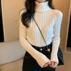 Hnewly Ribbed Sweater Women Clothes Solid Color Turtleneck Lettuce Trim Long Sleeve Pullover Winter Fall Clothing Streetwear