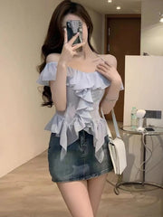 Hnewly Elegant 2 Piece Skirt Sets Summer French Harajuku Y2k Crop Tops Blouse Chiffon Shirt Straight Neck Sexy Slim Denim Skirts