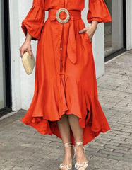 Hnewly Asymmetrical Style for Women Spring Summer Elegant Sexy V-Neck Lantern Sleeve Ruffle Hem Pocket Design Maxi Dress