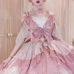 Hnewly Flower Wedding Lolita Dress Elegant Pearl Strap Fairy Dress Cosplay Clothes Ruffles Pink Princess Jsk Dresses