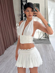 Hnewly Sexy 2Piece Set Women Y2K Patchwork Lace V-Neck Sleeveless Backless Folds Halter Tops+Wave Edge Skirt Matching Suit