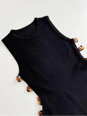 Hnewly Fashion Black O-neck Sleeveless Women Mini Dress Solid Color Waist-cinching Beaded Knitted Dresses Summer Lady Daily Outfit