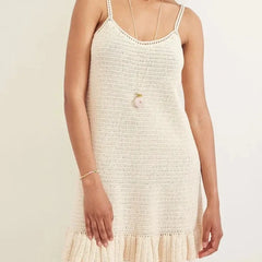 Hnewly Sexy Crochet Halter V Neck Chic Ruffle Knit Beach Mini Dress Women Comfy Swimsuit Cover Up Seaside Holiday Club Dresses