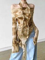 Hnewly Tie Dye Y2K T Shirts Women Sexy Off Shoulder Slim Gothic Tops Streetwear Vintage Long Sleeve Lace Up Lady Slash Neck Tees