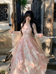 Hnewly 2 Piece Dress Sets Women Elegant Chiffon Summer Casual Slim Strap Dress + Fairy Cardigan Fashion Chic Vintage Suit Even Party