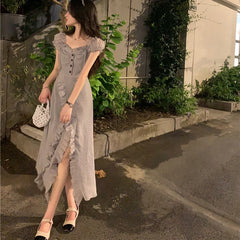 Hnewly Dress Women Sweet Streetwear Buttons Ruffles Irregular Pure Square Collar Tender Temper Fashion Autumn Ulzzang Literary Unique