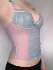 Hnewly Patchwork Mesh Folds Camisole Women Ribbon Bow Lace See Through Low-Neck Sleeveless Backless Skinny Sweet Trend Tops