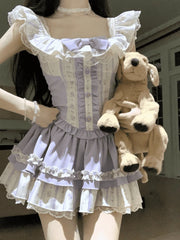 Hnewly Elegant Sweet 2 Piece Skirt Sets Female Lace Pleated Y2k Crop Top + Cute Mini Cake Skirts Japanese Lolita Vintage Suits Summer