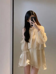 Hnewly New Women Chiffon Dresses Summer French Style Solid Fashion Y2K Sexy Off-the-shoulder Long Puff Sleeve Ruffles Simple Dress