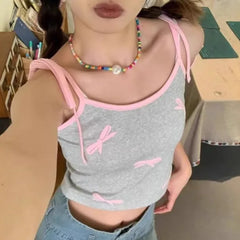 Hnewly Y2K Chic Bow Print Camisole Summer New Korean Women's Slim Short Strap Tank Top with Fashionable Color Mix