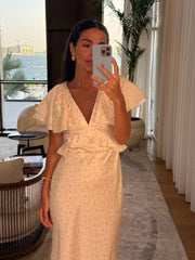 Hnewly Fashion Printed V-neck Slim Fit Maxi Vestido Women's Chic Floral Short Flare Sleeve High Waist Ruffle Dress 2025 Lady Party Wear