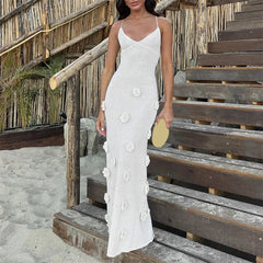 Hnewly Beach Dress Wear Women Summer 3D Flower Spaghetti Strap Sleeveless Backless Long Dresses Knitted Party Dresses