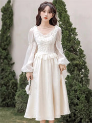 Hnewly French Slim Fairy Dress Lace-Up Patchwork A-Line Midi Dresses Korean Female Vintage Evening Party One Piece Vestido Mujer New