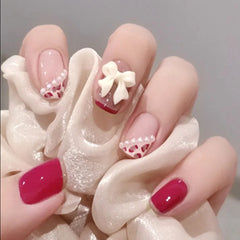 Hnewly 24P Pink Cute Short Square Head False Nails Art White 3D Bowknot Fake Nails with Pearl Rhinestones Full CoverPress on Nail Tips
