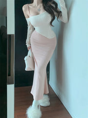 Hnewly Korean style two piece skirt set women's one shoulder knitted sweater spring suspender long Wrap buttocks dress two-piece set Z4
